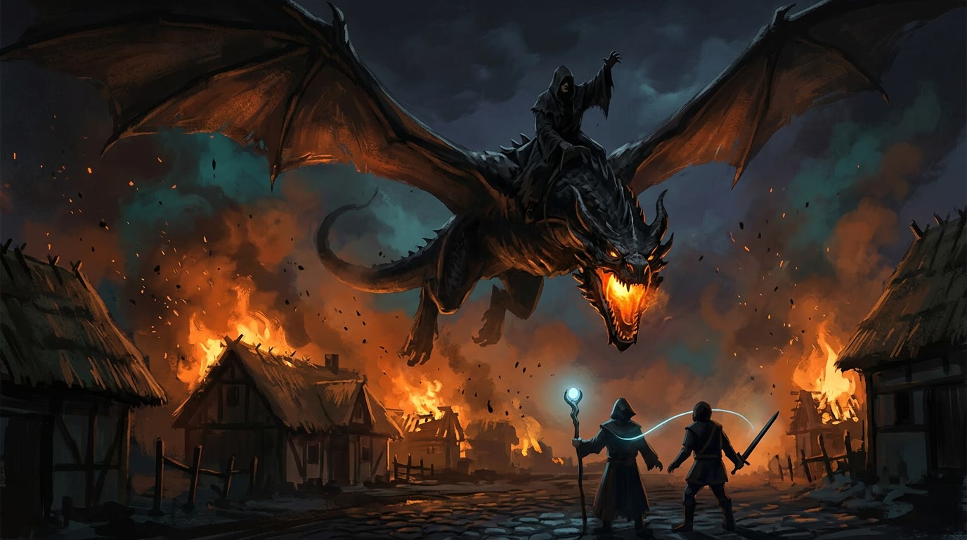 Two hooded twins stand on a road above their burning village, a thread of pale light running between them, a dragon banking through the smoke above.